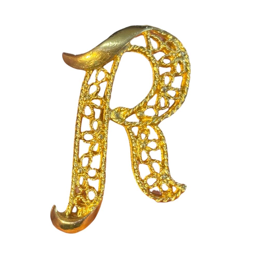 Vintage Mamselle Initial R Brooch Gold Tone Filigree Rhinestone Letter Signed